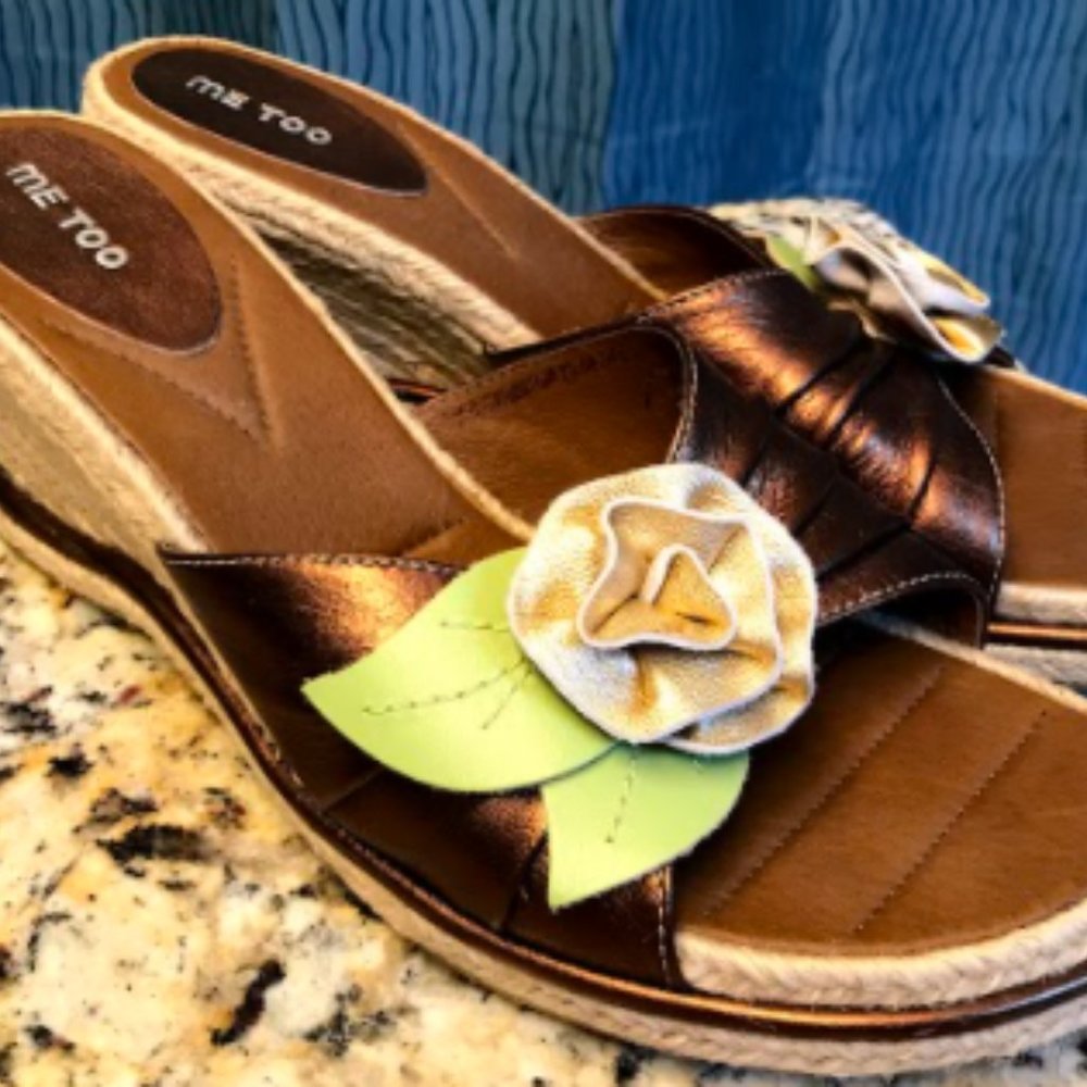 Metallic bronze leather wedge sandals